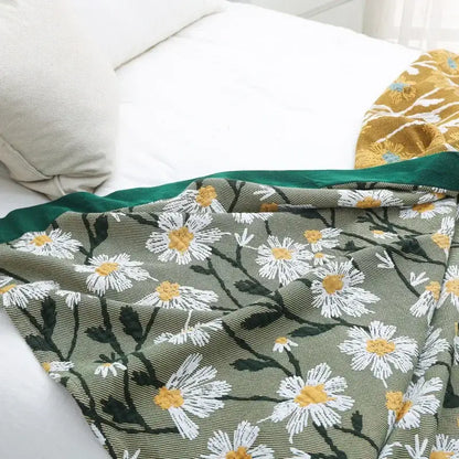 Retro daisy olive & teal cotton throw blanket living room quilt