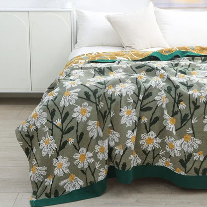 Retro daisy olive & teal cotton throw blanket living room quilt