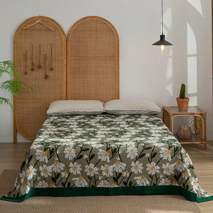 Retro daisy olive & teal cotton throw blanket living room quilt