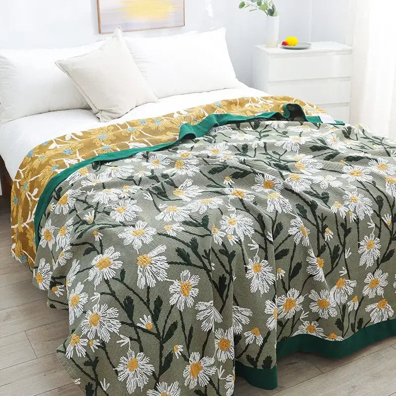 Retro daisy olive & teal cotton throw blanket living room quilt