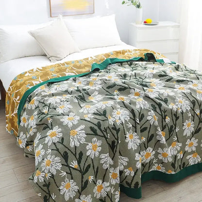 Retro daisy olive & teal cotton throw blanket living room quilt