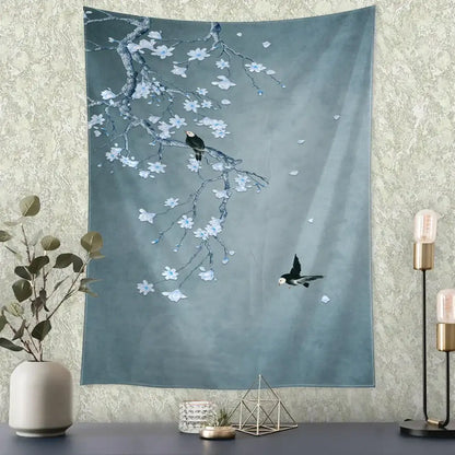 Retro dark blue and gold flying crane wall hanging – bedroom tapestry
