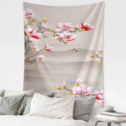 Retro dark blue and gold flying crane wall hanging – bedroom tapestry