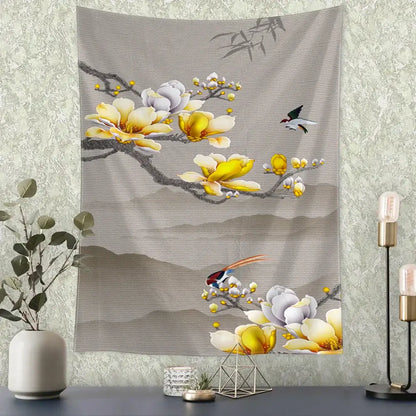 Retro dark blue and gold flying crane wall hanging – bedroom tapestry