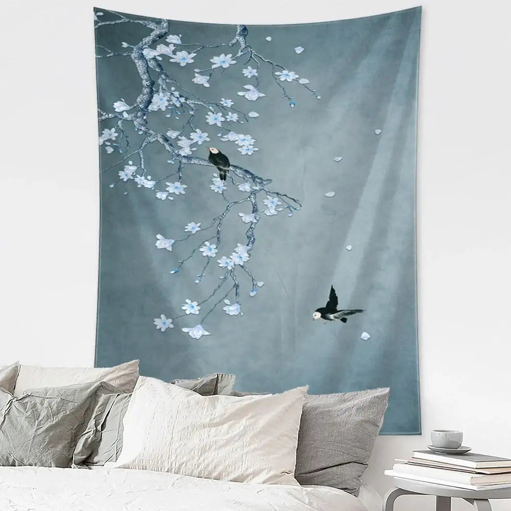 Retro dark blue and gold flying crane wall hanging – bedroom tapestry