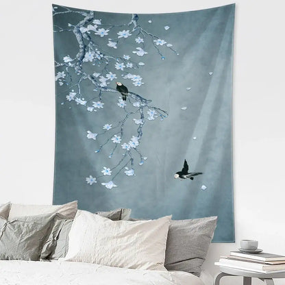 Retro dark blue and gold flying crane wall hanging – bedroom tapestry