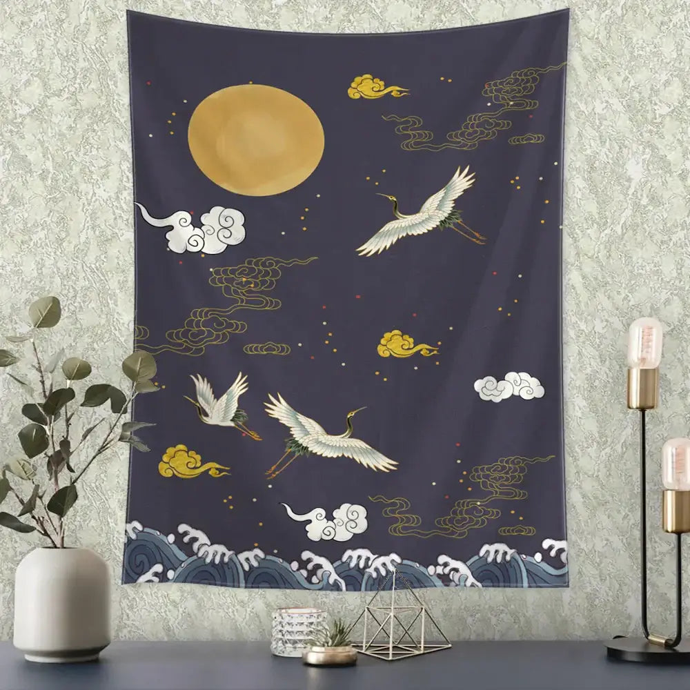 Retro dark blue and gold flying crane wall hanging – bedroom tapestry