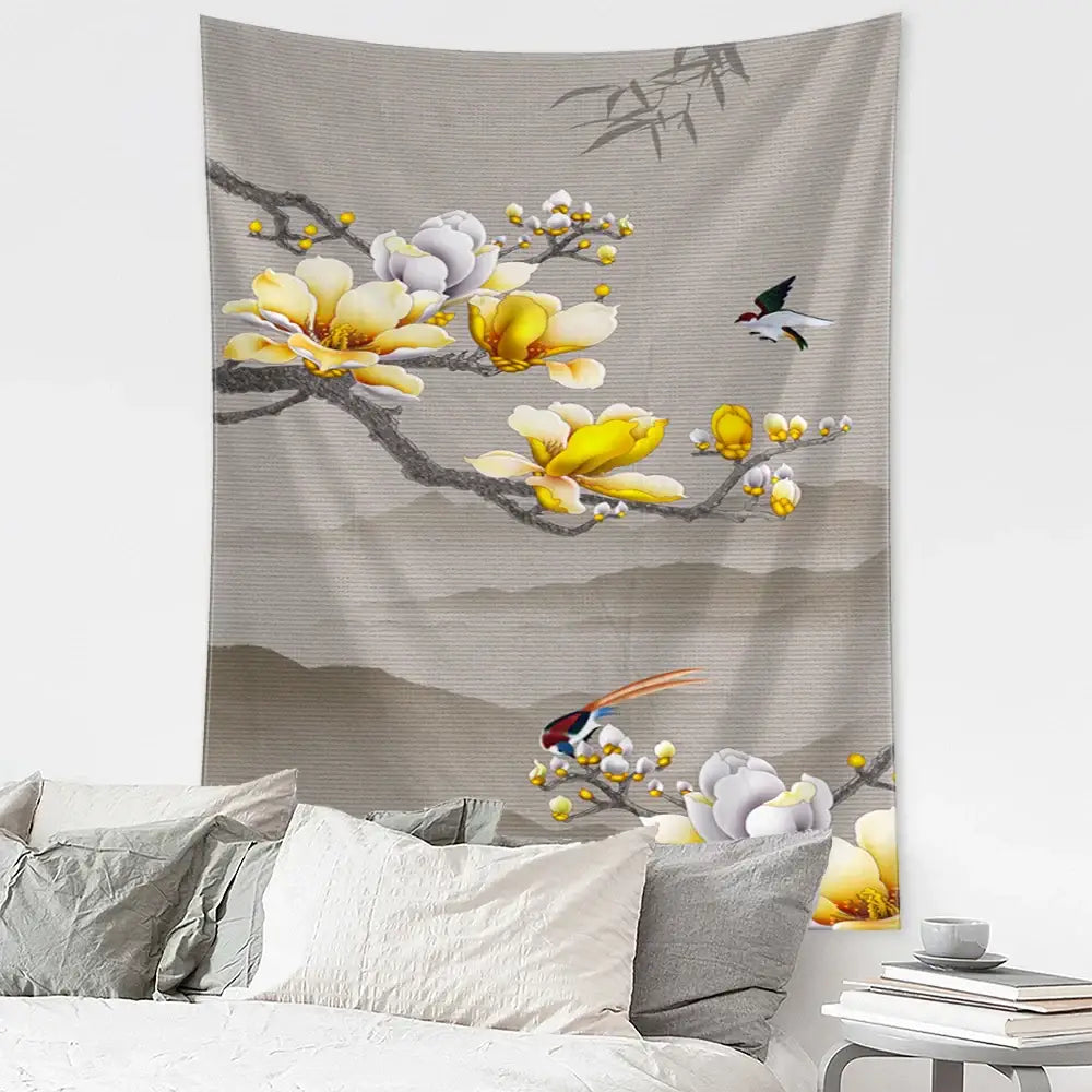 Retro dark blue and gold flying crane wall hanging – bedroom tapestry