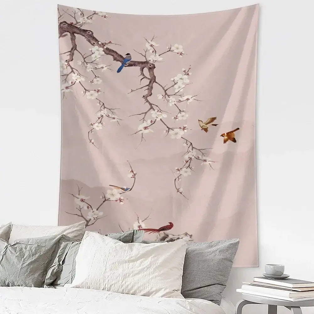 Retro dark blue and gold flying crane wall hanging – bedroom tapestry