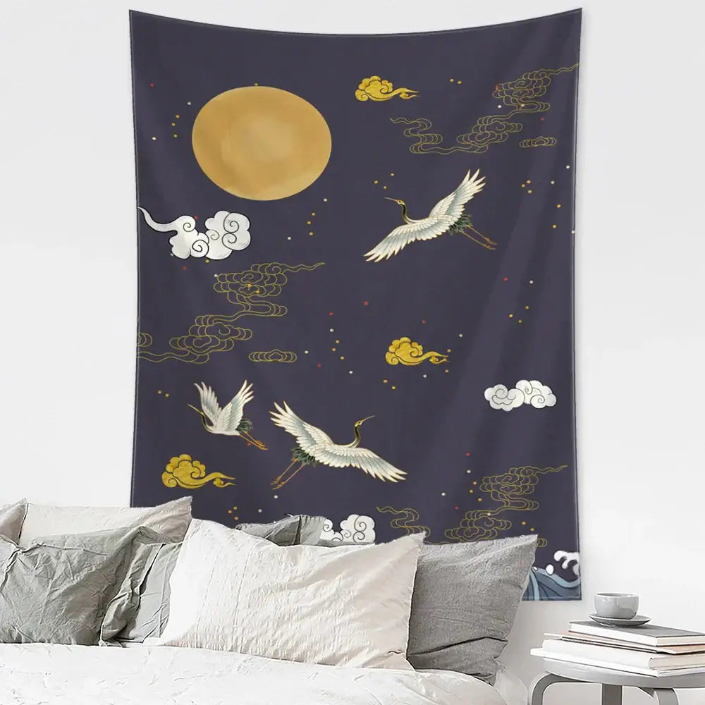 Retro dark blue and gold flying crane wall hanging – bedroom tapestry