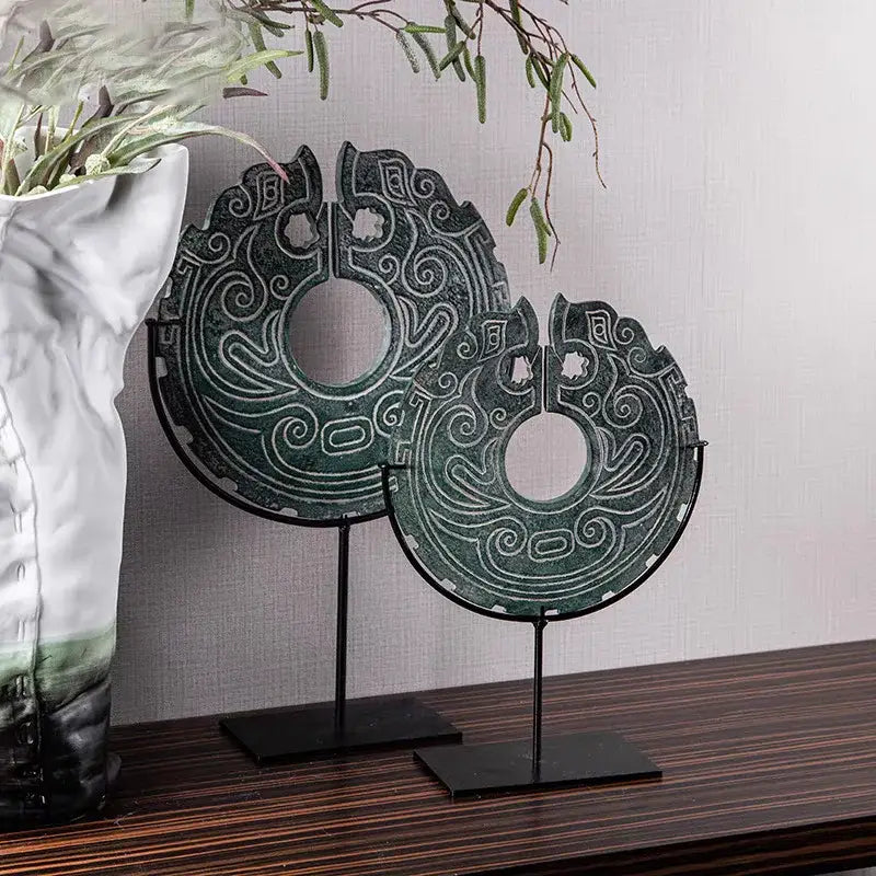 Retro dark green geometric totem resin statue living room decor