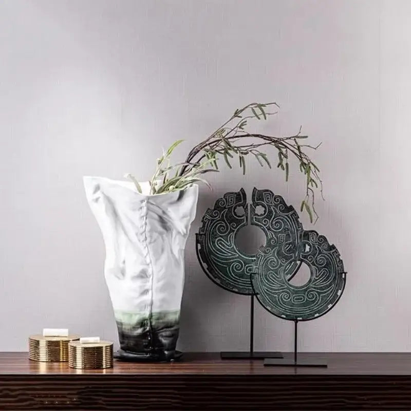Retro dark green geometric totem resin statue living room decor