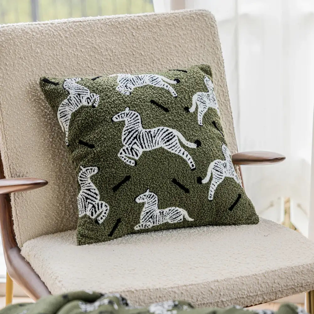 Retro dark green zebra embroidered jacquard luxury pillow cover bedroom