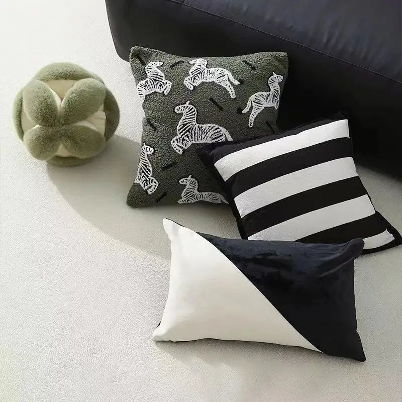 Retro dark green zebra embroidered jacquard luxury pillow cover bedroom