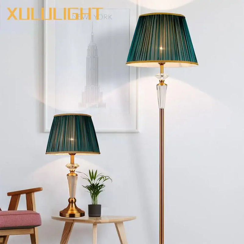 Retro emerald green and gold crystal floor lamp bedroom decor