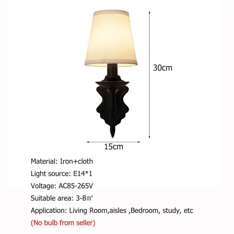 Retro european bronze iron wall lamp bedroom fabric sconce