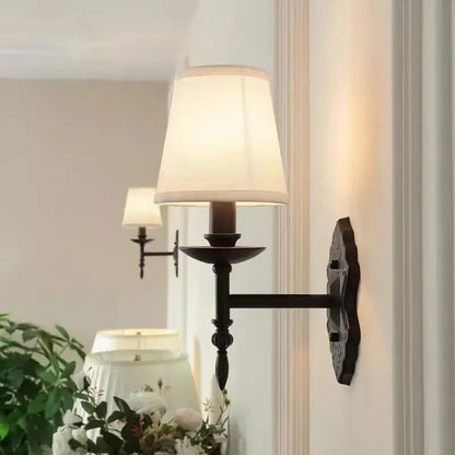 Retro european bronze iron wall lamp bedroom fabric sconce