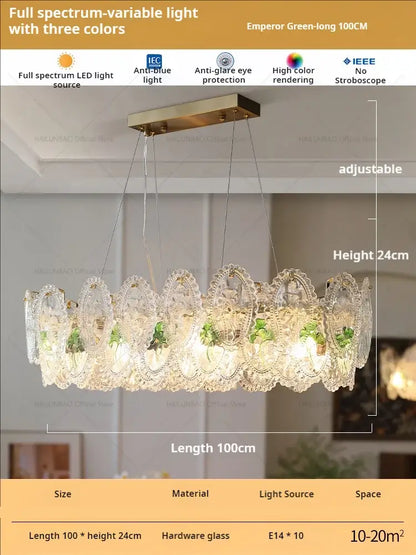 Retro french floral glass dining room chandelier gold and green