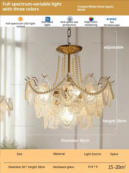 Retro french floral glass dining room chandelier gold and green