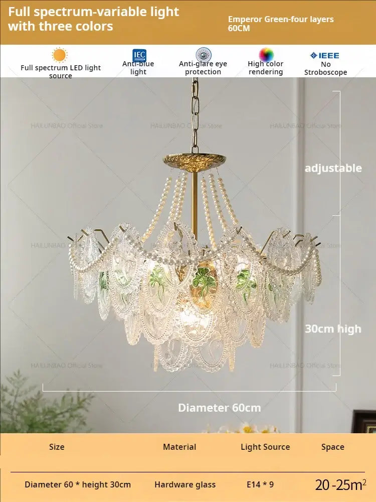 Retro french floral glass dining room chandelier gold and green