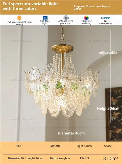 Retro french floral glass dining room chandelier gold and green