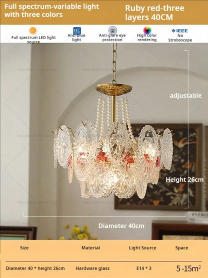 Retro french floral glass dining room chandelier gold and green