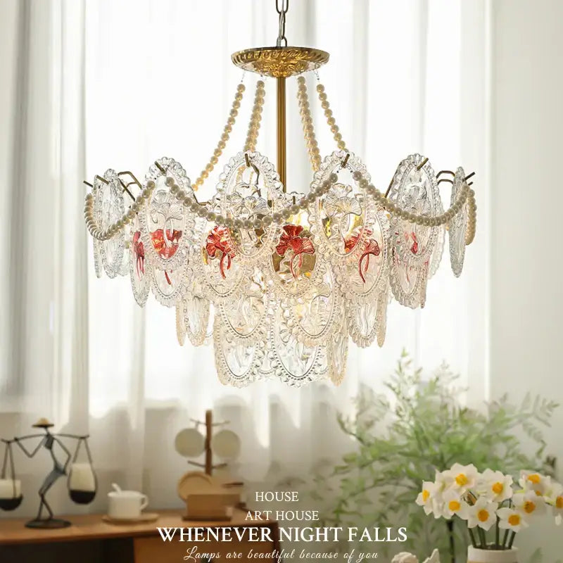 Retro french floral glass dining room chandelier gold and green