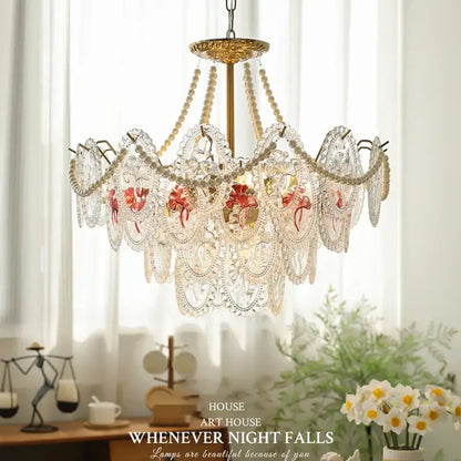 Retro french floral glass dining room chandelier gold and green