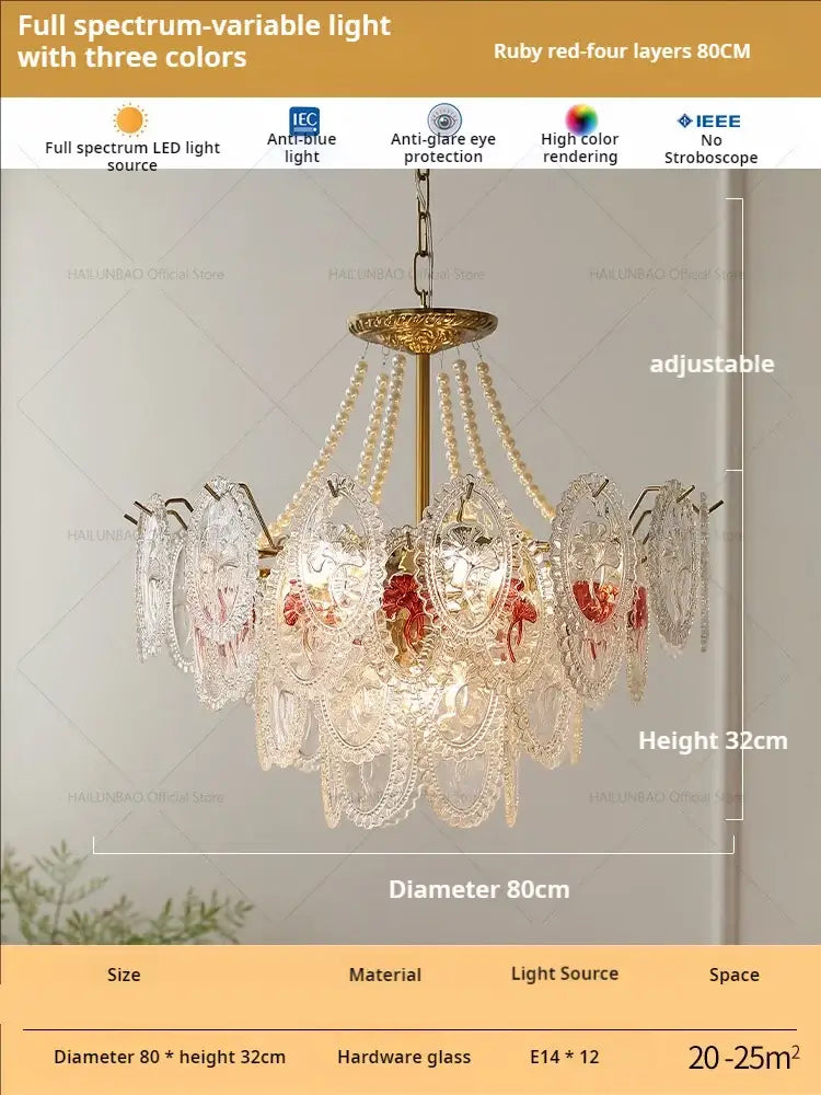 Retro french floral glass dining room chandelier gold and green