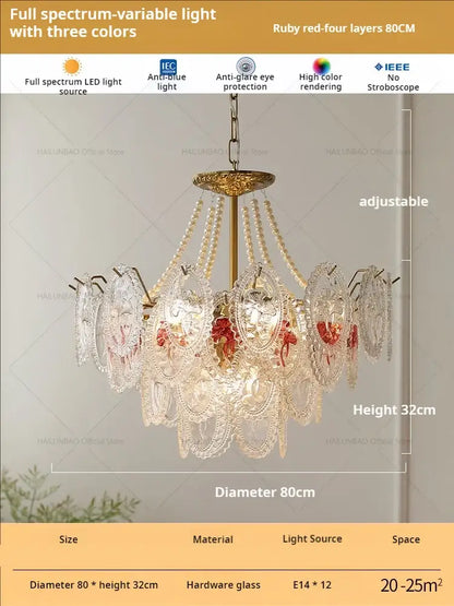 Retro french floral glass dining room chandelier gold and green