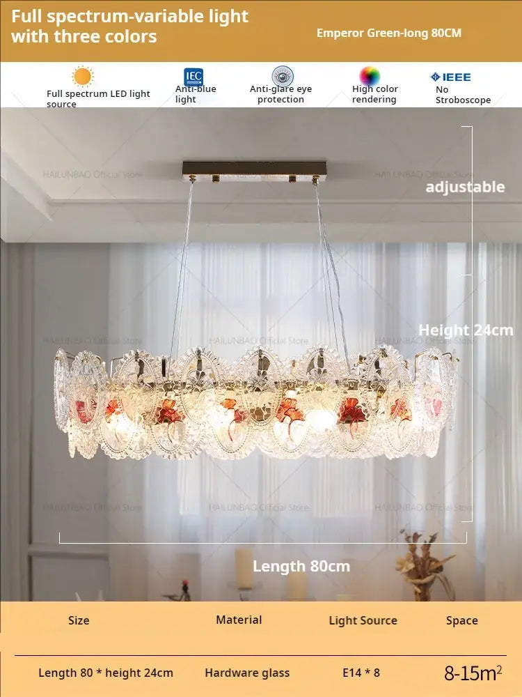 Retro french floral glass dining room chandelier gold and green