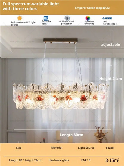 Retro french floral glass dining room chandelier gold and green