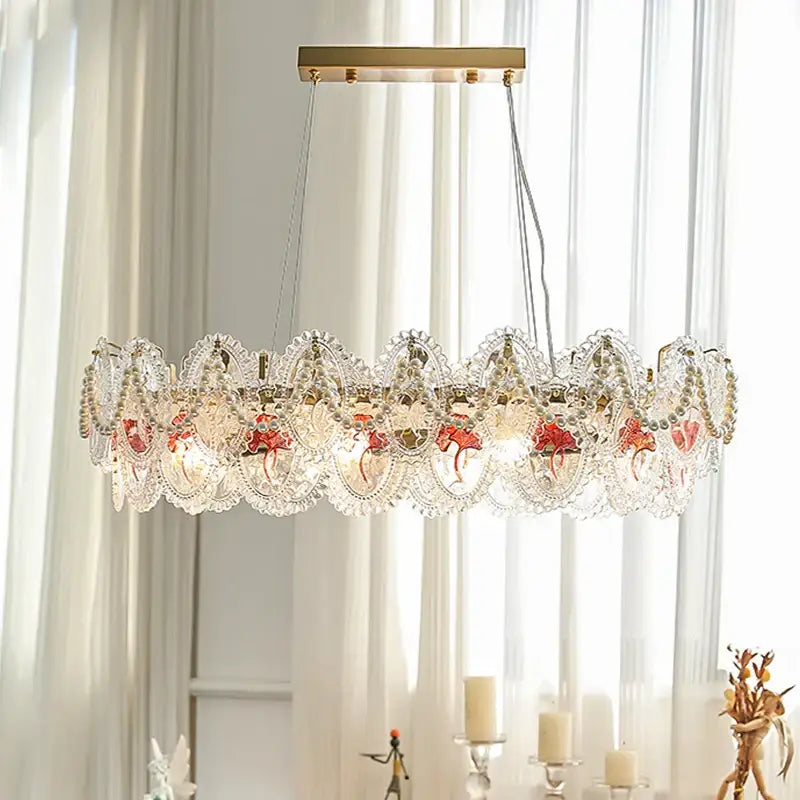 Retro french floral glass dining room chandelier gold and green