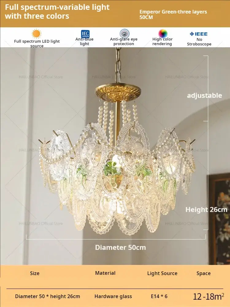 Retro french floral glass dining room chandelier gold and green