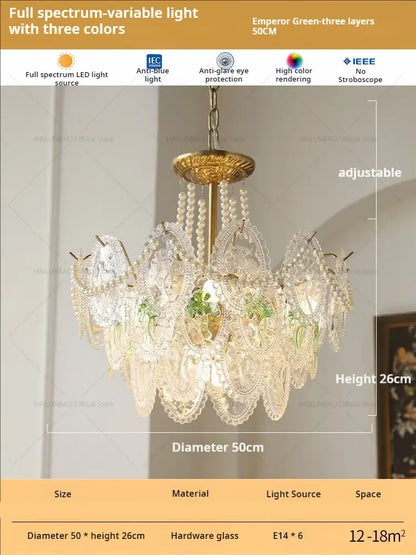 Retro french floral glass dining room chandelier gold and green