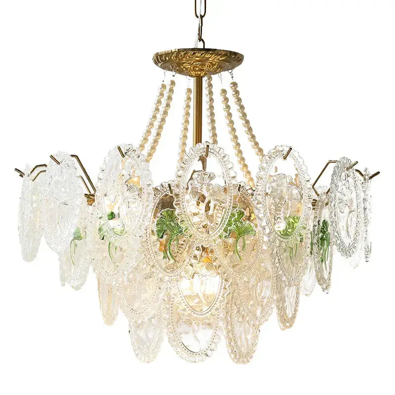 Retro french floral glass dining room chandelier gold and green