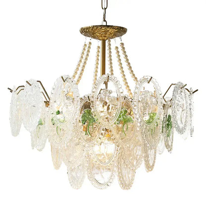 Retro french floral glass dining room chandelier gold and green