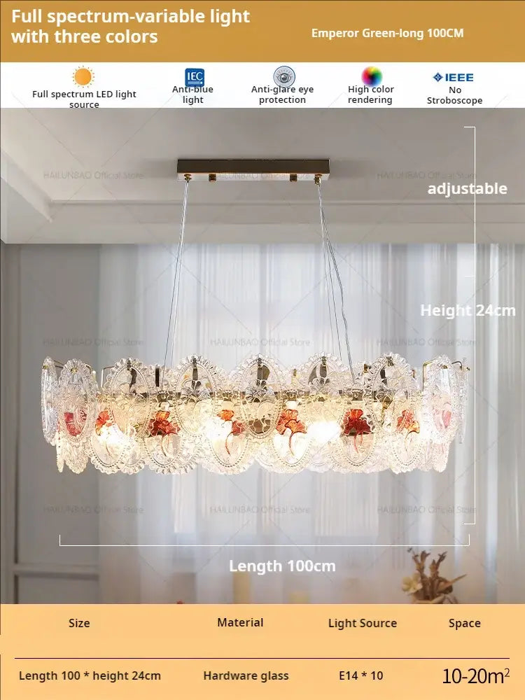 Retro french floral glass dining room chandelier gold and green