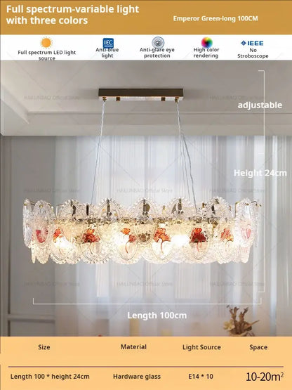 Retro french floral glass dining room chandelier gold and green