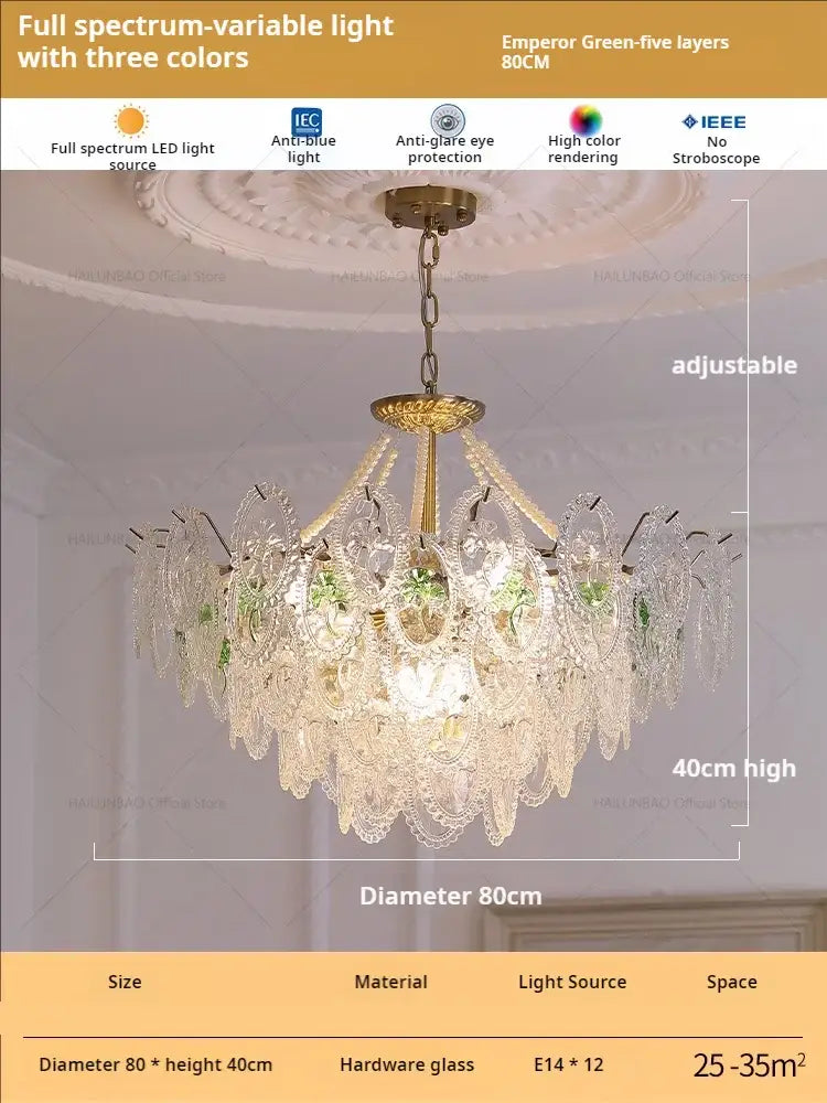 Retro french floral glass dining room chandelier gold and green