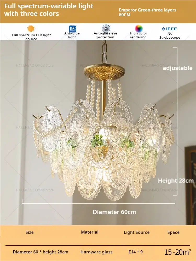 Retro french floral glass dining room chandelier gold and green
