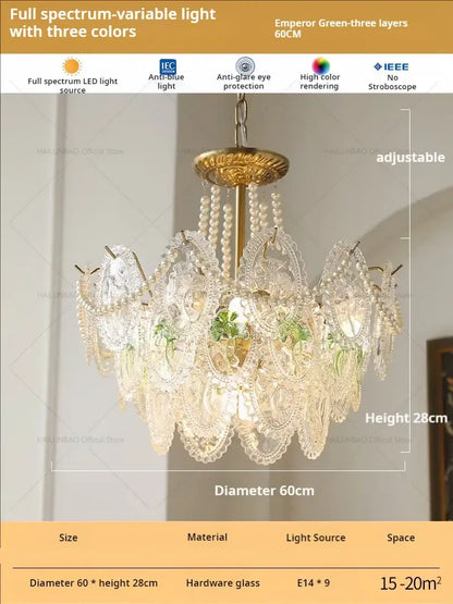 Retro french floral glass dining room chandelier gold and green