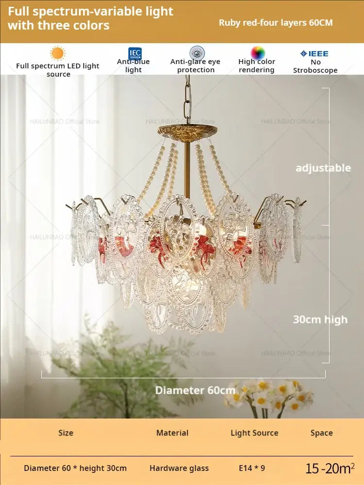 Retro french floral glass dining room chandelier gold and green