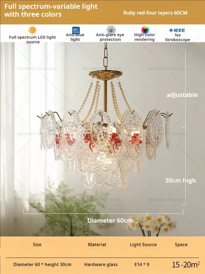 Retro french floral glass dining room chandelier gold and green