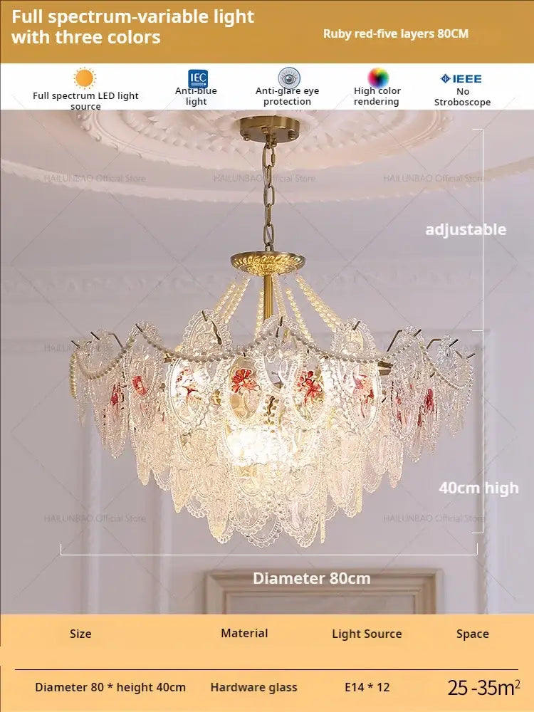 Retro french floral glass dining room chandelier gold and green