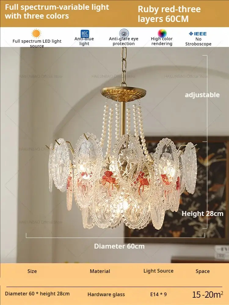 Retro french floral glass dining room chandelier gold and green