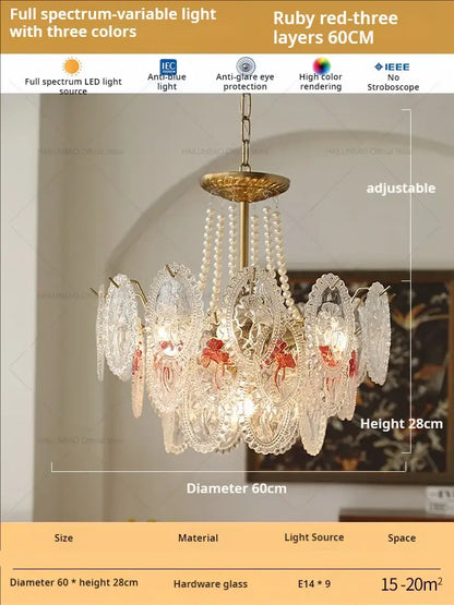 Retro french floral glass dining room chandelier gold and green