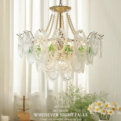 Retro french floral glass dining room chandelier gold and green