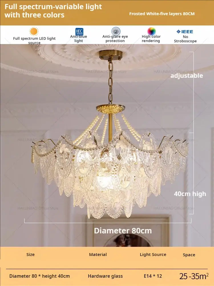 Retro french floral glass dining room chandelier gold and green