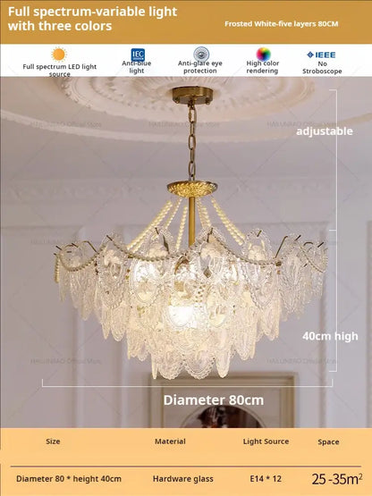Retro french floral glass dining room chandelier gold and green